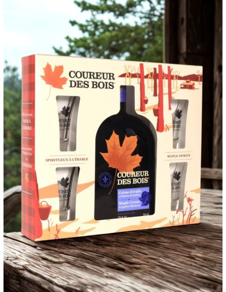 Geschenkset Coureur des Bois Blaubeer-Sahnelikör + 4 Schnapsgläser